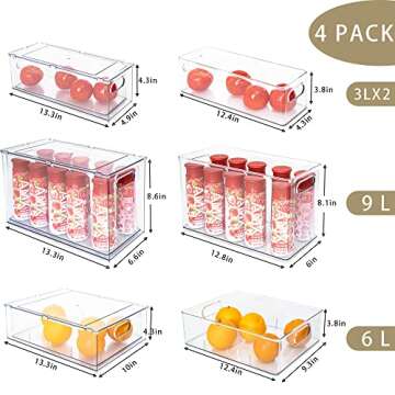 Mano Fridge Drawer Pull Out Stackable Bins with Handle Clear Refrigerator Drawers Organizer Food Storage Container Box with Dividers Plastic Produce Saver for Pantry, Cabinet, Kitchen, Clothes（4Pack）