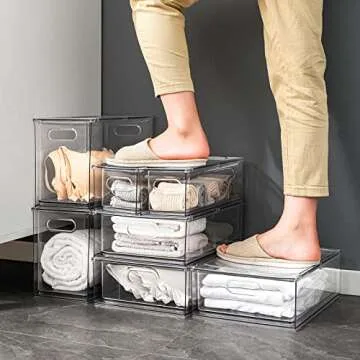 Mano Fridge Drawer Pull Out Stackable Bins with Handle Clear Refrigerator Drawers Organizer Food Storage Container Box with Dividers Plastic Produce Saver for Pantry, Cabinet, Kitchen, Clothes（4Pack）