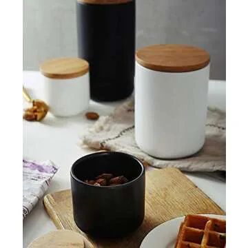 Telotela Pure Color Ceramic Sugar Bowl with Wooden Lid Sugar Dispenser Salt Pepper Storage Jar Pot Sugar Container Seasoning Pot Box Condiment Spice Racks Holder for Home Kitchen Black Small
