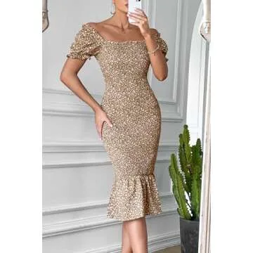 PRETTYGARDEN Women's Summer Floral Midi Bodycon Dresses Short Puff Sleeve Square Neck Ruffle Hem Mermaid Cocktail Dress (Khaki,Medium)