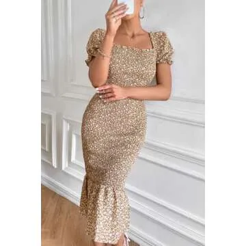 PRETTYGARDEN Women's Summer Floral Midi Bodycon Dresses Short Puff Sleeve Square Neck Ruffle Hem Mermaid Cocktail Dress (Khaki,Medium)