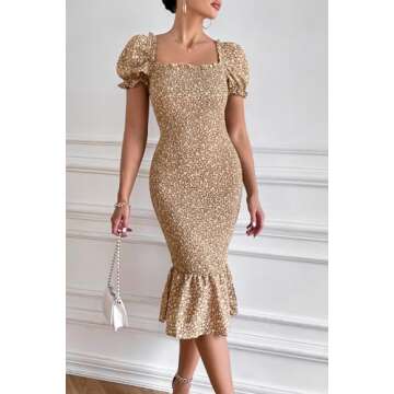 PRETTYGARDEN Women's Summer Floral Midi Bodycon Dresses Short Puff Sleeve Square Neck Ruffle Hem Mermaid Cocktail Dress (Khaki,Medium)