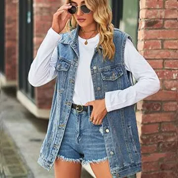 Perbai Women's Oversized Denim Vest Distressed Mid Long Sleeveless Jean Jacket Waistcoat with Pockets(LightBlue-M)