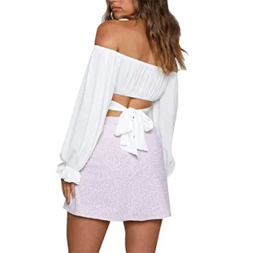 LYANER Women's Off Shoulder Long Sleeve Tie Knot Crop Top