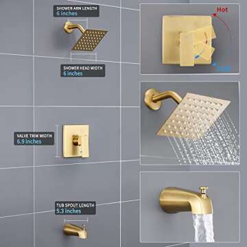 Esnbia Shower Tub Kit, Tub and Shower Faucet Set（Valve Included) with 6-Inch Rain Shower Head and Tub Spout, Single-Handle Tub and Shower Trim Kit,Brushed Gold
