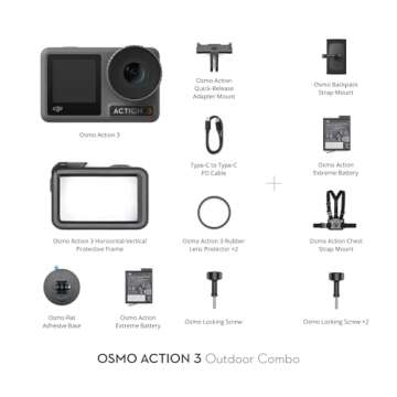 DJI Osmo Action 3 Outdoor Combo - 4K/120fps Action Camera with Chest & Backpack Strap Mount for Hiking and Cycling, Super-Wide FOV, HorizonSteady, Cold Resistant & Up to 320 Mins with 2 Batteries
