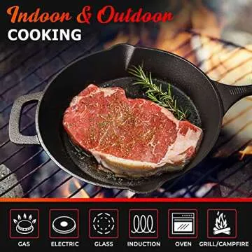 Mueller Heavy-Duty Cast Iron Skillet 10-inch, Pre-Seasoned Cast Iron Pan, Safe Across All Cooktops, Oven, BBQ, or Campfire, Handles & Dual Pouring
