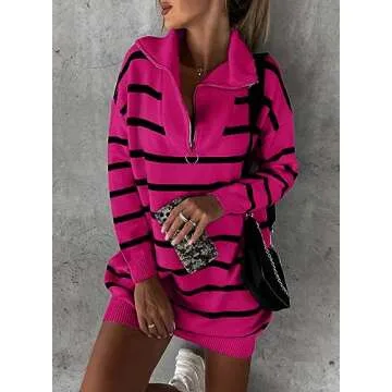 Sidefeel Women's 2024 Fall Sweater Dress Long Sleeve V Neck Striped Knit Bodycon Winter Dresses