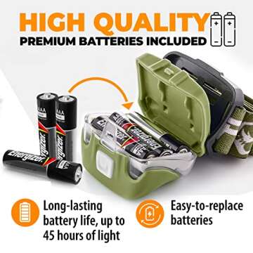 Foxelli LED Headlamp Flashlight for Adults & Kids, Running, Camping, Hiking Head Lamp with White & Red Light, Comfortable Headband, Lightweight & Waterproof, 3 AAA Batteries