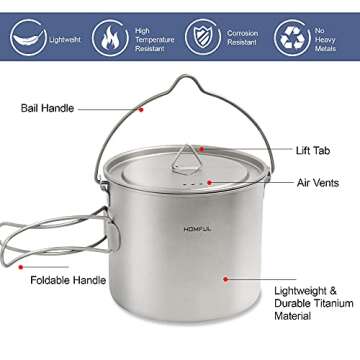 HOMFUL Camping Cookware Titanium Cooking Set,1100ML 420ML Camping Pots Cup Mug,Titanium Spork with Mesh Bag for Backpacking Hiking Picnic