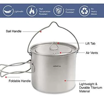 HOMFUL Camping Cookware Titanium Cooking Set,1100ML 420ML Camping Pots Cup Mug,Titanium Spork with Mesh Bag for Backpacking Hiking Picnic