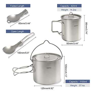 HOMFUL Camping Cookware Titanium Cooking Set,1100ML 420ML Camping Pots Cup Mug,Titanium Spork with Mesh Bag for Backpacking Hiking Picnic