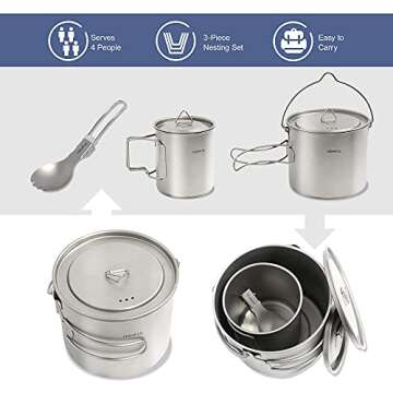 HOMFUL Camping Cookware Titanium Cooking Set,1100ML 420ML Camping Pots Cup Mug,Titanium Spork with Mesh Bag for Backpacking Hiking Picnic