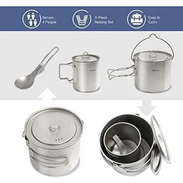 HOMFUL Camping Cookware Titanium Cooking Set,1100ML 420ML Camping Pots Cup Mug,Titanium Spork with Mesh Bag for Backpacking Hiking Picnic