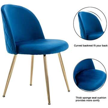 Guyou Velvet Dining Chairs Set of 6, Upholstered Accent Chairs Side Chairs Plush Round Back Modern Guest Chair with Gold Legs for Living Room Bedroom Reception Room (Royal Blue)