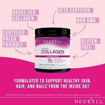 NeoCell Super Collagen Peptides, 10g Collagen Peptides per Serving, Gluten Free, Keto Friendly, Non-GMO, Grass Fed, Healthy Hair, Skin, Nails and Joints, Berry Lemon Powder, 6.7 oz., 1 Canister