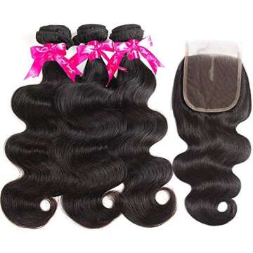 Beauty Princess Body Wave Human Hair 3 Bundles with Closure Double Weft 10A Brazilian Hair Bundles W...