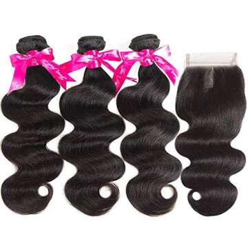 Beauty Princess Body Wave Human Hair 3 Bundles with Closure Double Weft 10A Brazilian Hair Bundles With Closure(16/18/20+14 Inch, 3 Bundles with closure)