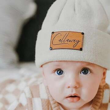 Dyoart Personalized Name Baby Beanie Hat Leather Patch - Apricot Beanies Knit Hat Birthday for Kids Toddler Youth(Small)