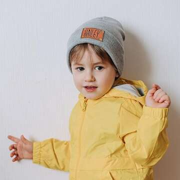 Dyoart Personalized Name Baby Beanie Hat Leather Patch - Apricot Beanies Knit Hat Birthday for Kids Toddler Youth(Small)