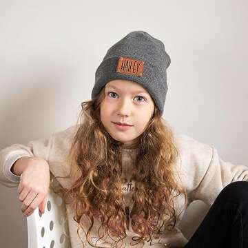 Dyoart Personalized Name Baby Beanie Hat Leather Patch - Apricot Beanies Knit Hat Birthday for Kids Toddler Youth(Small)