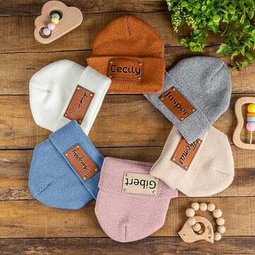 Dyoart Personalized Name Baby Beanie Hat Leather Patch - Apricot Beanies Knit Hat Birthday for Kids Toddler Youth(Small)