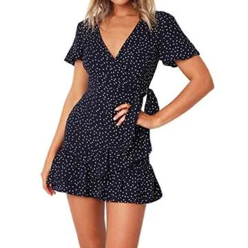 Relipop Summer Women Short Sleeve Print Dress V Neck Casual Short Dresses Navy Blue