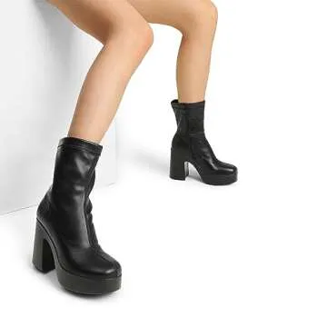 DREAM PAIRS Women's Platform Gogo Ankle Boots High Chunky Block Heel Square Toe Booties Shoes,Size 8.5,Black,SDAB2310W