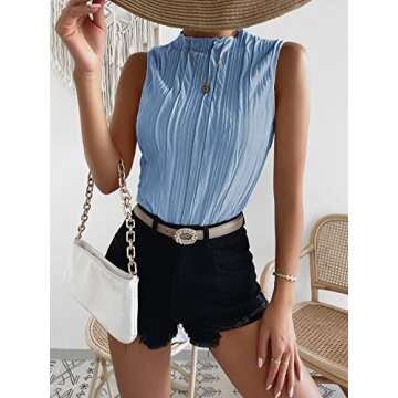 Verdusa Women's Sleeveless Mock Neck Textured Tank Top Light Blue M