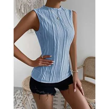 Verdusa Women's Sleeveless Mock Neck Textured Tank Top Light Blue M