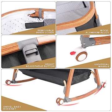 Mereryi Bedside Bassinet for Baby,Baby Bassinet Bedside Sleeper,Bassinet Bedside Sleeper with Wheels,Storage Basket,Mosquito Nets,Easy to Assemble Bassinet for Newborn/Infant,Adjustable Bedside Crib