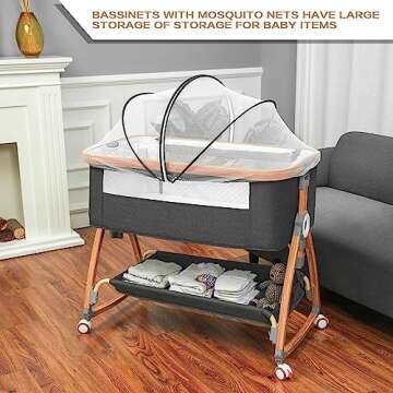 Mereryi Bedside Bassinet for Baby,Baby Bassinet Bedside Sleeper,Bassinet Bedside Sleeper with Wheels,Storage Basket,Mosquito Nets,Easy to Assemble Bassinet for Newborn/Infant,Adjustable Bedside Crib