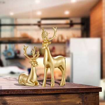 Christmas Decoration 2PCS Reindeer Resin Ornaments Mother Child Deer Couple Deer Sculpture Used for Living Room Bookshelf Bedroom Wine Cabinet Decoration to Enhance Atmosphere (Gold Smooth)