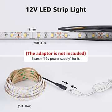 LE 12V LED Strip Light, Flexible, Waterproof, SMD 2835, 300 LEDs, 16.4ft Tape Light for Home, Kitchen, Christmas and More, Warm White