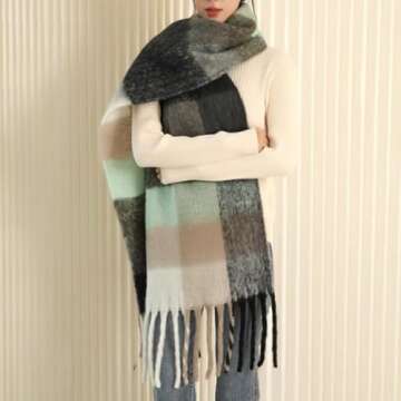 MININAI Chunky Winter Scarfs for Women Cold Weather Warm Knit Thick Plaid Scarf Long Large Oversized Checked Scarves (Black)