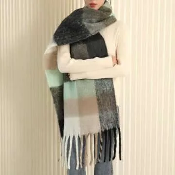 MININAI Chunky Winter Scarfs for Women Cold Weather Warm Knit Thick Plaid Scarf Long Large Oversized Checked Scarves (Black)