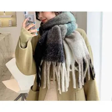 MININAI Chunky Winter Scarfs for Women Cold Weather Warm Knit Thick Plaid Scarf Long Large Oversized Checked Scarves (Black)