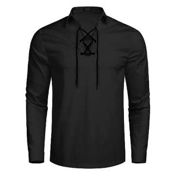 COOFANDY Men's Scottish Jacobite Ghillie Kilt Shirt - Classic Black Long Sleeve