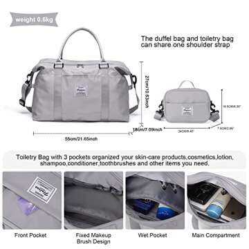 Weekender Gym Duffel Bags for Women Grey Cute Travel Tote Bag with Toiletry Bag Carry On Bag Overnig...