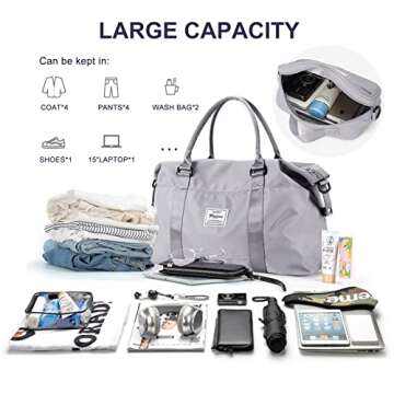 Weekender Gym Duffel Bags for Women Grey Cute Travel Tote Bag with Toiletry Bag Carry On Bag Overnight Bag with Wet Pocket Hospital Bag for Labor and Delivery