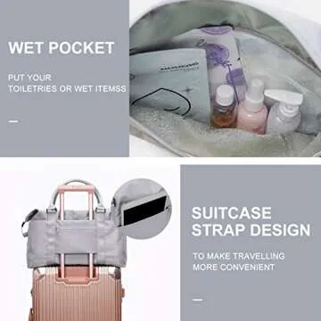 Weekender Gym Duffel Bags for Women Grey Cute Travel Tote Bag with Toiletry Bag Carry On Bag Overnight Bag with Wet Pocket Hospital Bag for Labor and Delivery