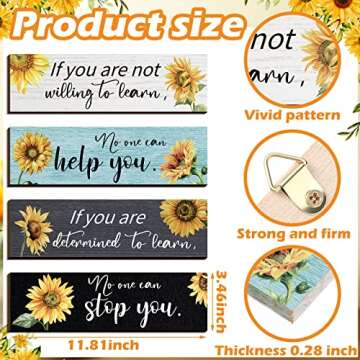 4 Pieces Sunflower Wall Decor Office Quote Wall Art Inspirational Wall Poster Positive Sunflower Artwork Wall Decor Rustic Wood Sign Sunflower Office Decor for Office Kitchen Living Room Bedroom