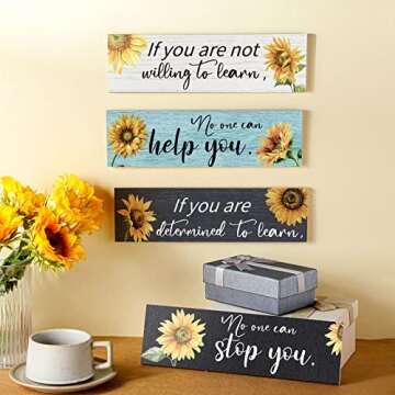 4 Pieces Sunflower Wall Decor Office Quote Wall Art Inspirational Wall Poster Positive Sunflower Artwork Wall Decor Rustic Wood Sign Sunflower Office Decor for Office Kitchen Living Room Bedroom