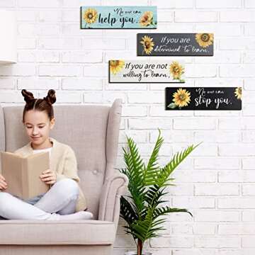 4 Pieces Sunflower Wall Decor Office Quote Wall Art Inspirational Wall Poster Positive Sunflower Artwork Wall Decor Rustic Wood Sign Sunflower Office Decor for Office Kitchen Living Room Bedroom