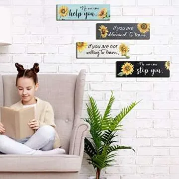4 Pieces Sunflower Wall Decor Office Quote Wall Art Inspirational Wall Poster Positive Sunflower Artwork Wall Decor Rustic Wood Sign Sunflower Office Decor for Office Kitchen Living Room Bedroom