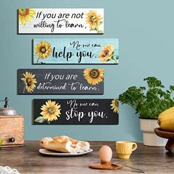 4 Pieces Sunflower Wall Decor Office Quote Wall Art Inspirational Wall Poster Positive Sunflower Artwork Wall Decor Rustic Wood Sign Sunflower Office Decor for Office Kitchen Living Room Bedroom