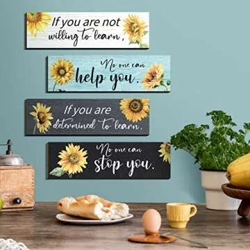 4 Pieces Sunflower Wall Decor Office Quote Wall Art Inspirational Wall Poster Positive Sunflower Artwork Wall Decor Rustic Wood Sign Sunflower Office Decor for Office Kitchen Living Room Bedroom