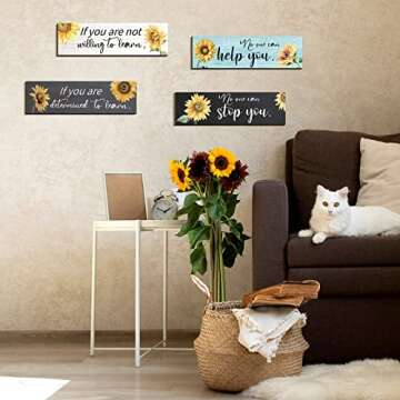 4 Pieces Sunflower Wall Decor Office Quote Wall Art Inspirational Wall Poster Positive Sunflower Artwork Wall Decor Rustic Wood Sign Sunflower Office Decor for Office Kitchen Living Room Bedroom