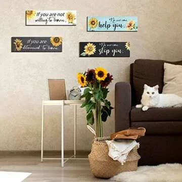 4 Pieces Sunflower Wall Decor Office Quote Wall Art Inspirational Wall Poster Positive Sunflower Artwork Wall Decor Rustic Wood Sign Sunflower Office Decor for Office Kitchen Living Room Bedroom