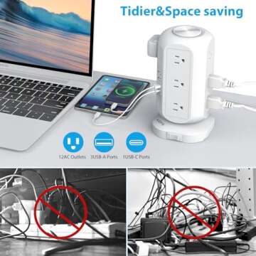 Tower Power Strip Flat Plug with 12 Outlets 4 USB(1 USB C),AOFO Surge Protector Charging Station wit...